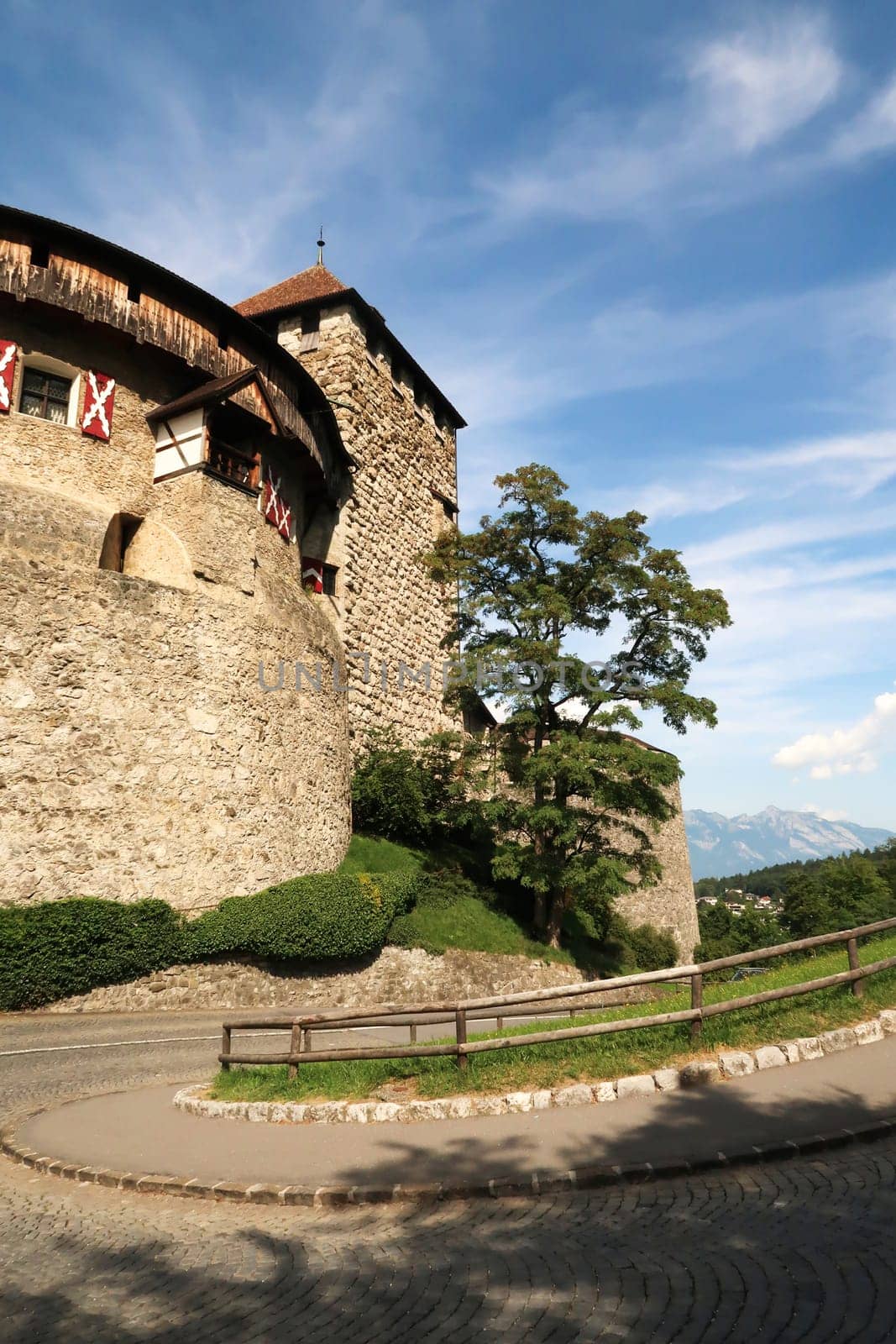Vaduz Castle, Schloss Vaduz, the palace and official residence of the Prince of Liechtenstein and the cobble stone street, road in front of it, Vaduz Liechtenstein 2022