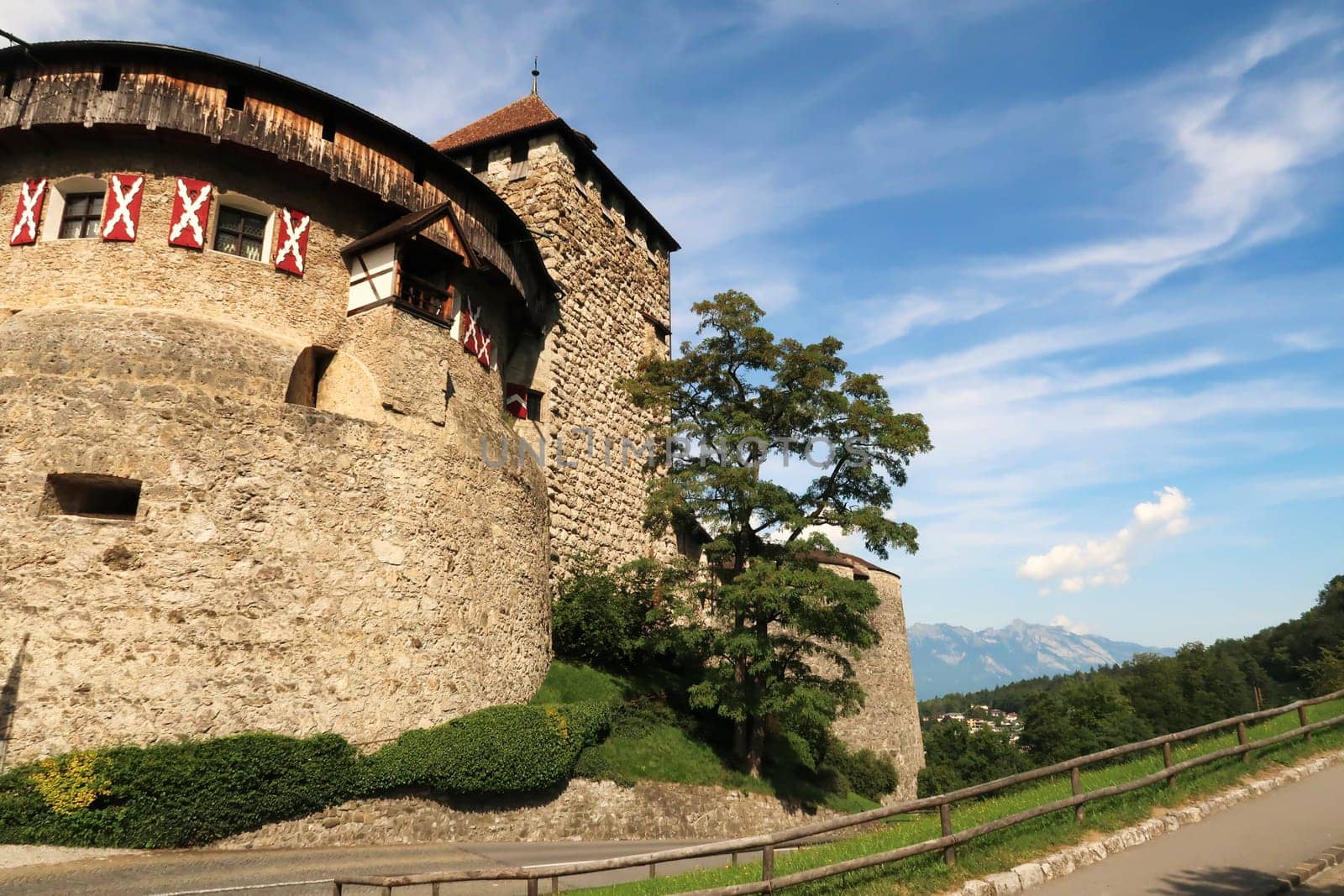 View from the cobble stone road, street onto the Vaduz Castle, Schloss Vaduz, the palace and official residence of the Prince of Liechtenstein in Vaduz, Liechtenstein 2022