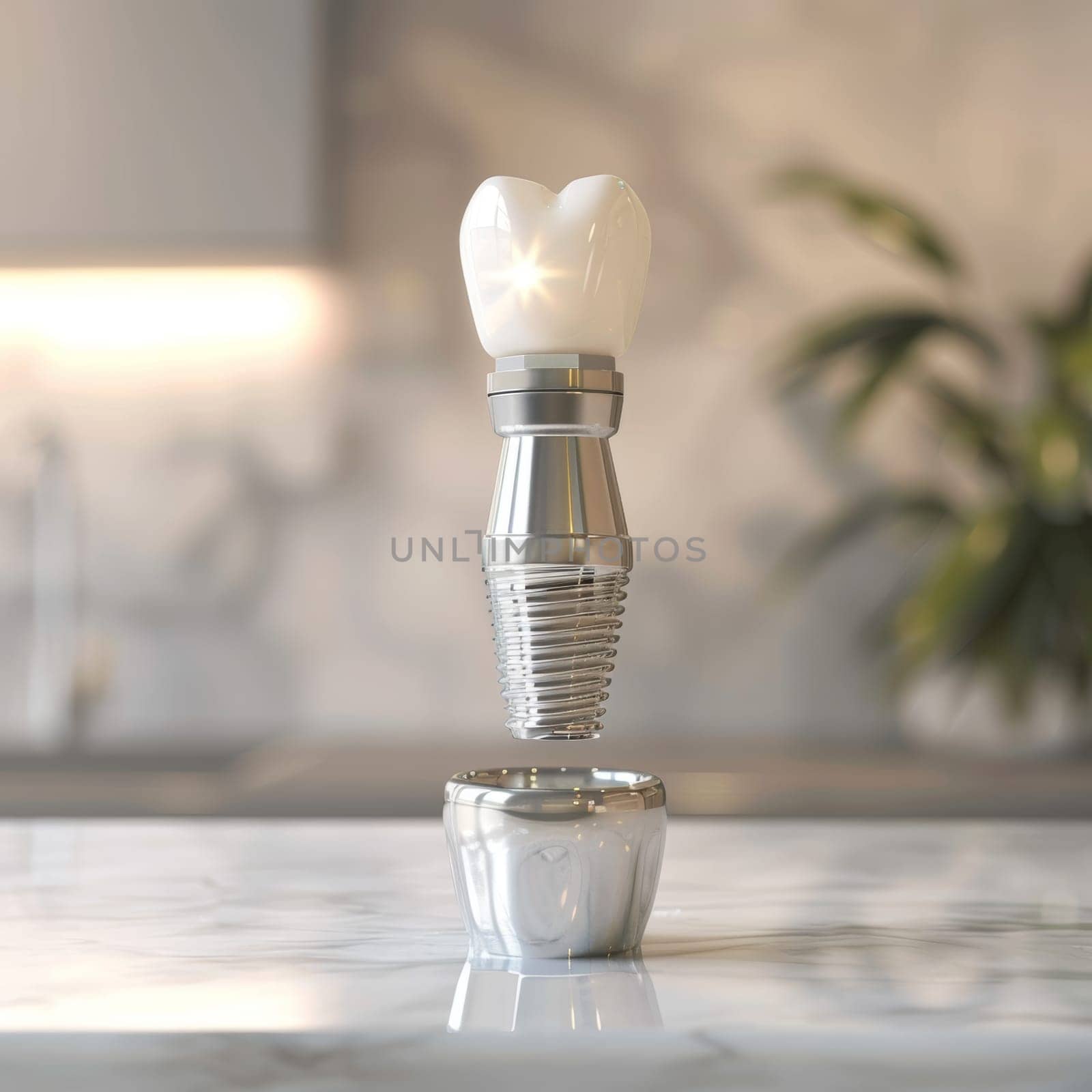 A close-up view of a dental implant prosthetic, featuring a white tooth-shaped cap attached to a metal post, symbolizing advancements in restorative dentistry.