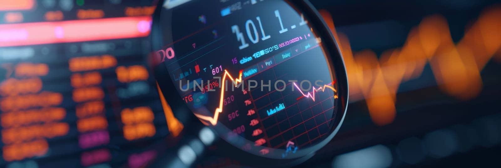 Close-up of a magnifying glass reflecting stock market graphs and numbers, with a blurred background.