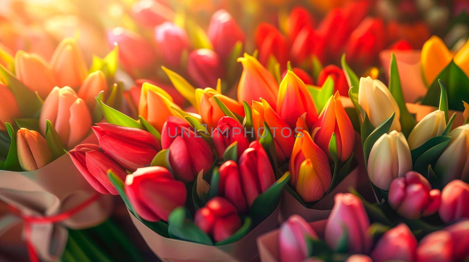 Close-up view of many wrapped flower bouquets of different colored tulips. AI generated