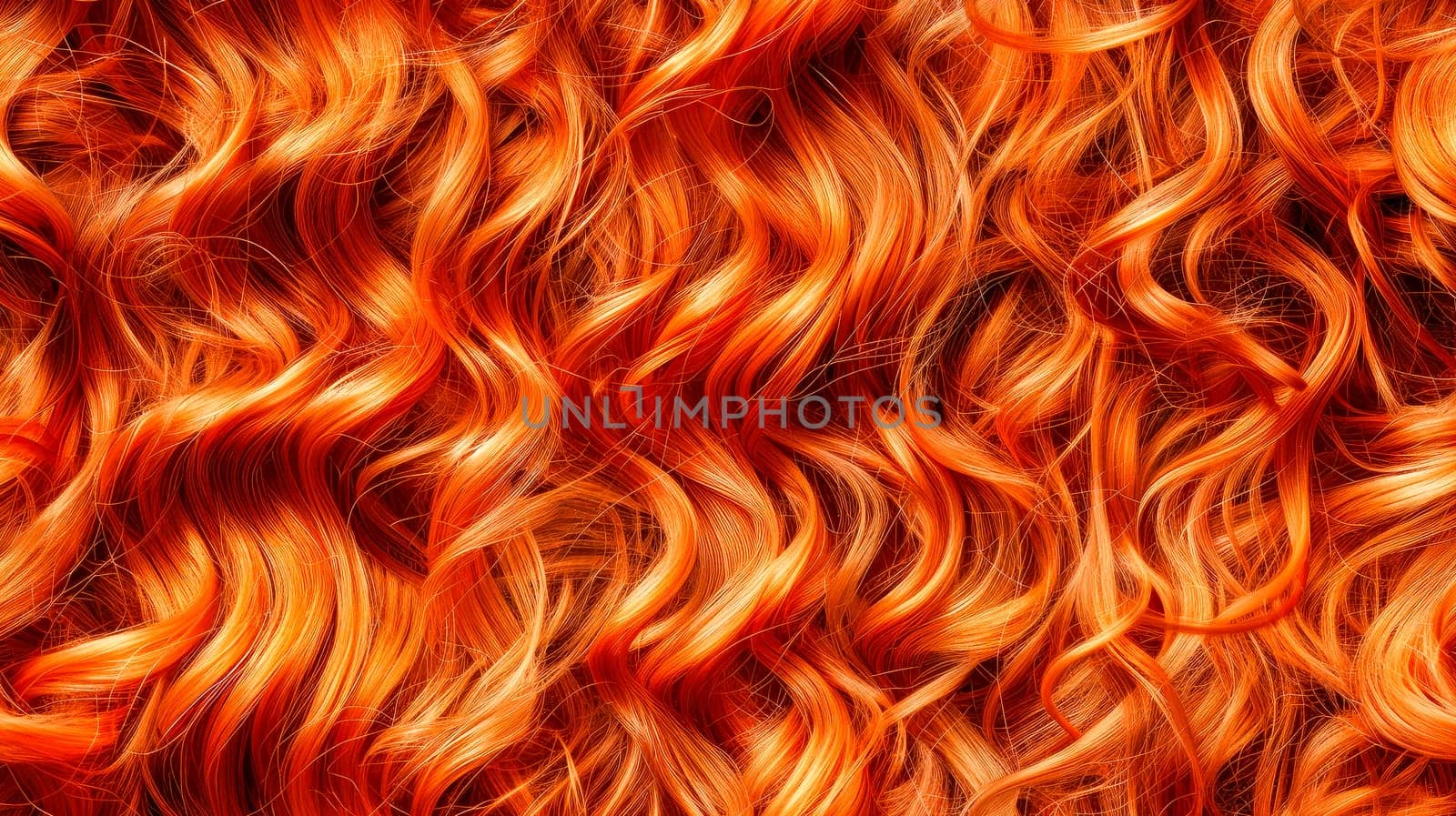 Red hair close-up as a background. Women's long orange hair. Beautifully styled wavy shiny curls. AI generated