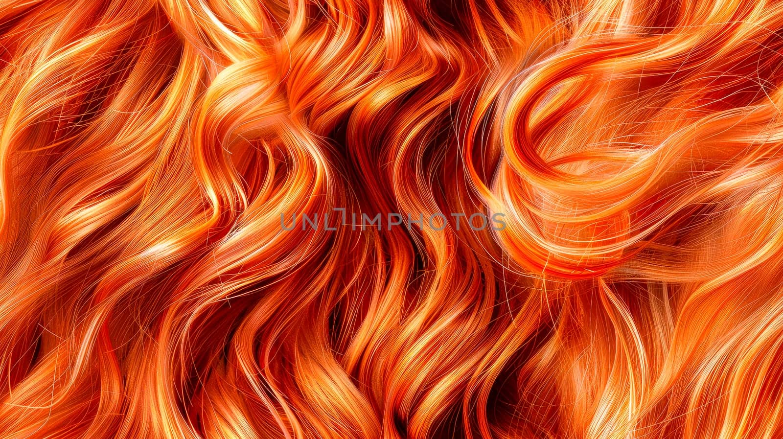 Red hair close-up as a background. Women's long orange hair. Beautifully styled wavy shiny curls. AI generated