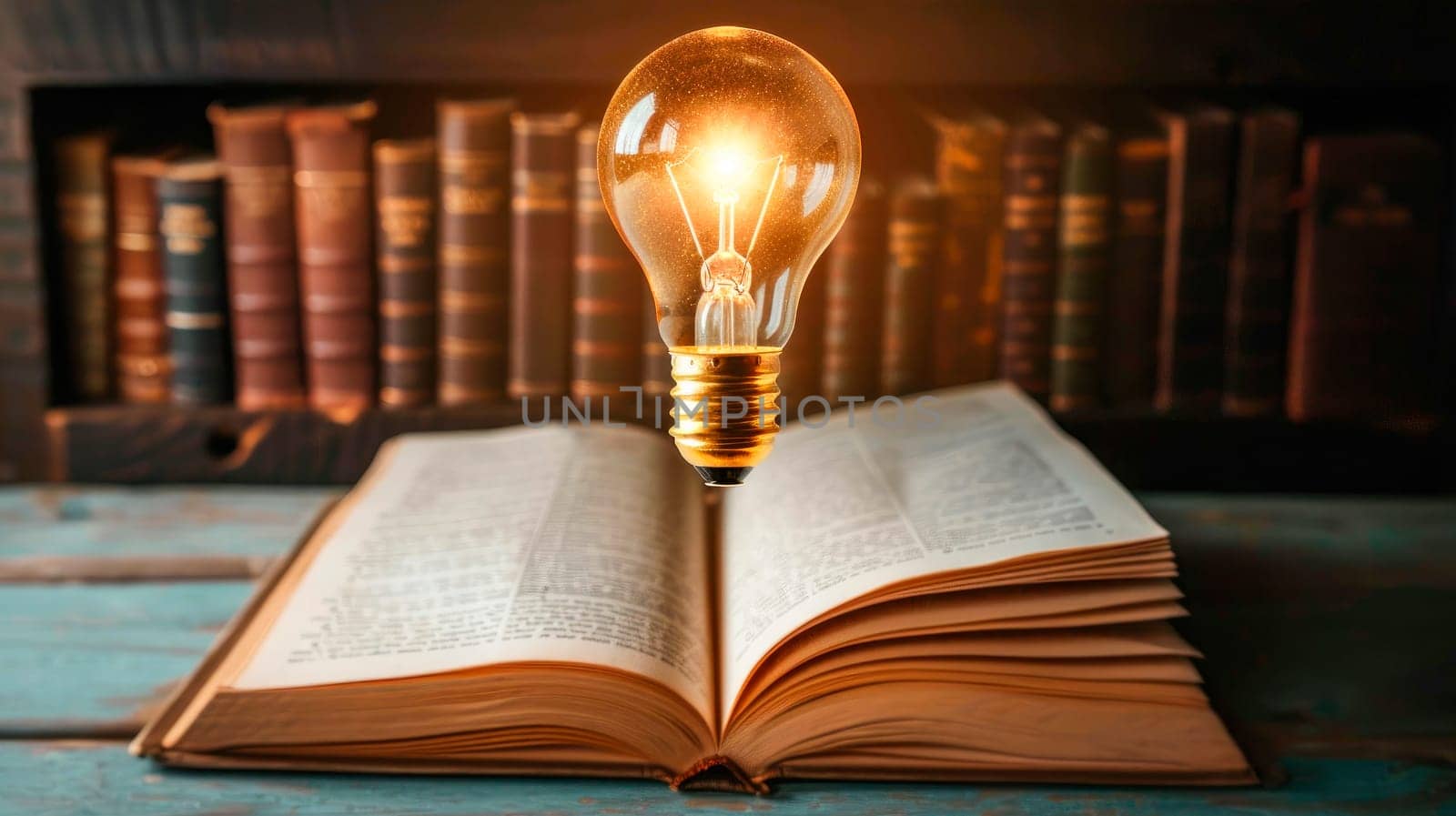 A glowing lightbulb floating over an open book. Knowledge or education, study or learning new skill, creativity or idea, wisdom concept.