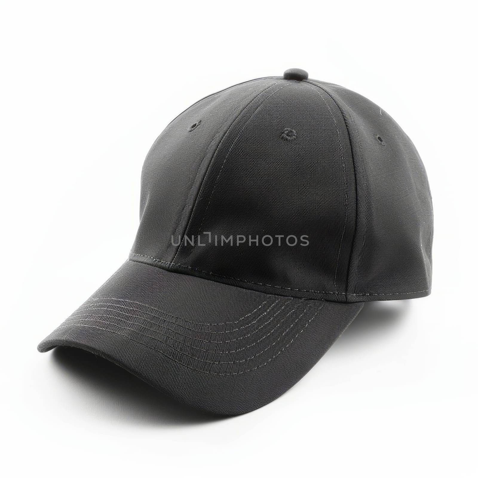 A black baseball cap on a white background, front view, blank for design mockup