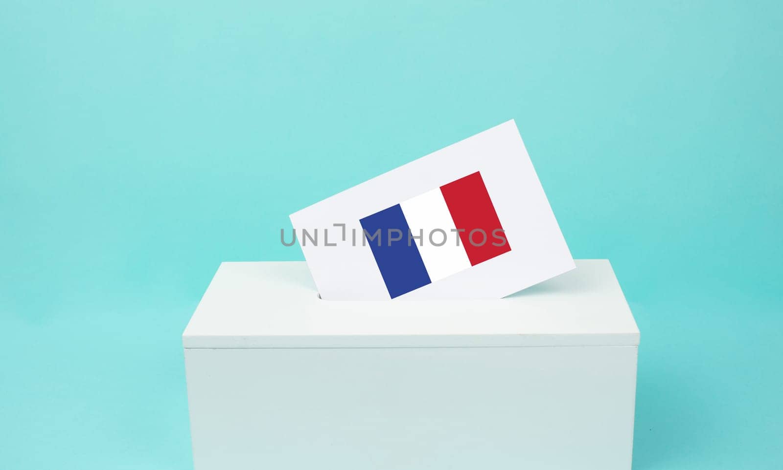 France election, ballot box, citizens voting new Parliament, political decision, french flag with blue, white and red stripes