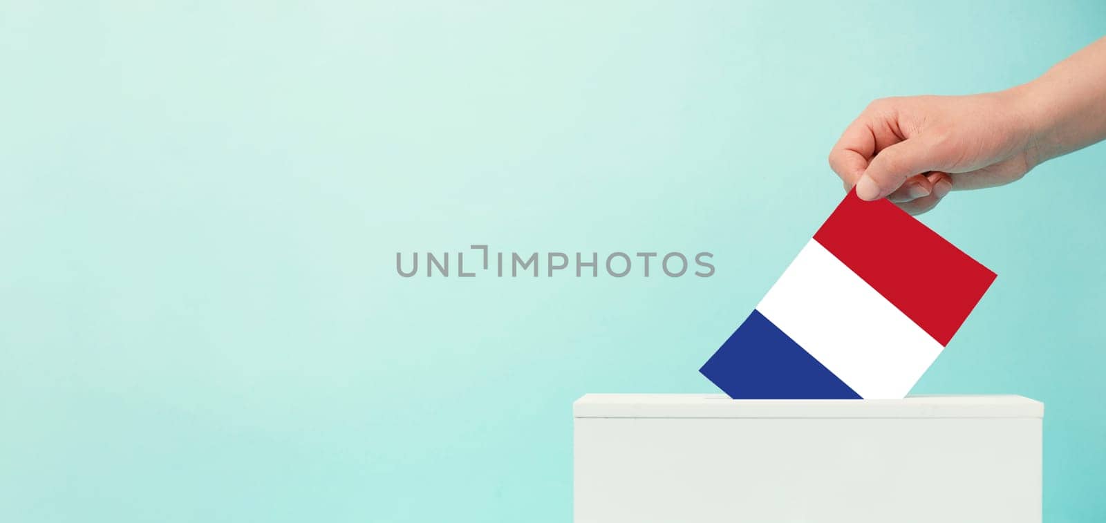 France election, ballot box, citizens voting new Parliament, political decision, french flag with blue, white and red stripes