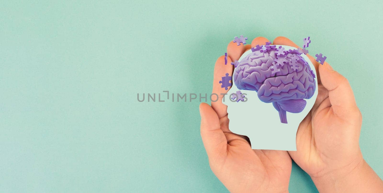 Alzheimer awareness day, dementia diagnosis, Parkinson disease, memory loss disorder, brain with purple puzzle or jigsaw pieces, damaged mind