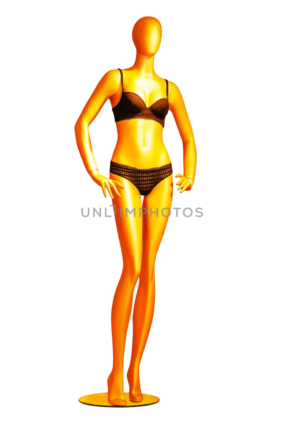 Underwear woman isolated. Close-up of luxurious elegant sexy black lingerie on a full-lengh  mannequin isolated on a white background. Underwear fashion.