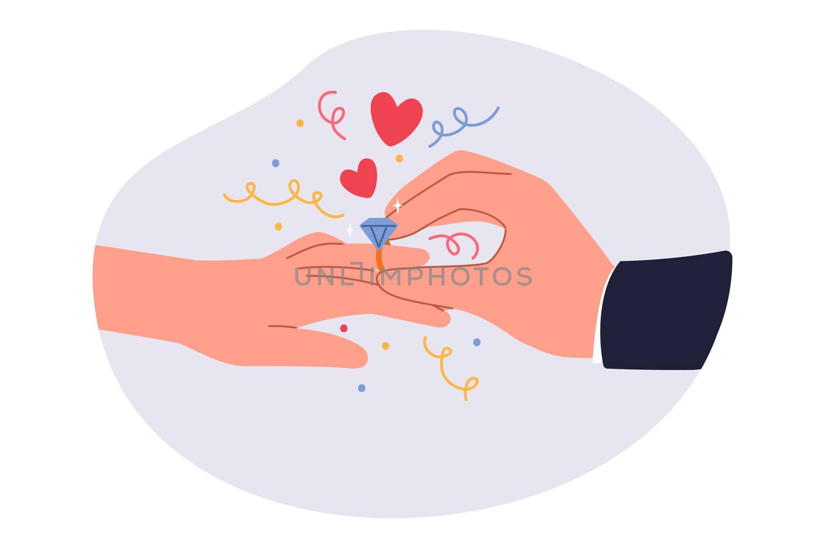 Groom puts wedding ring on bride hand during marriage ceremony in temple. Wedding ring made of pure gold with diamond for future wife from gallant gentleman who wants to start family