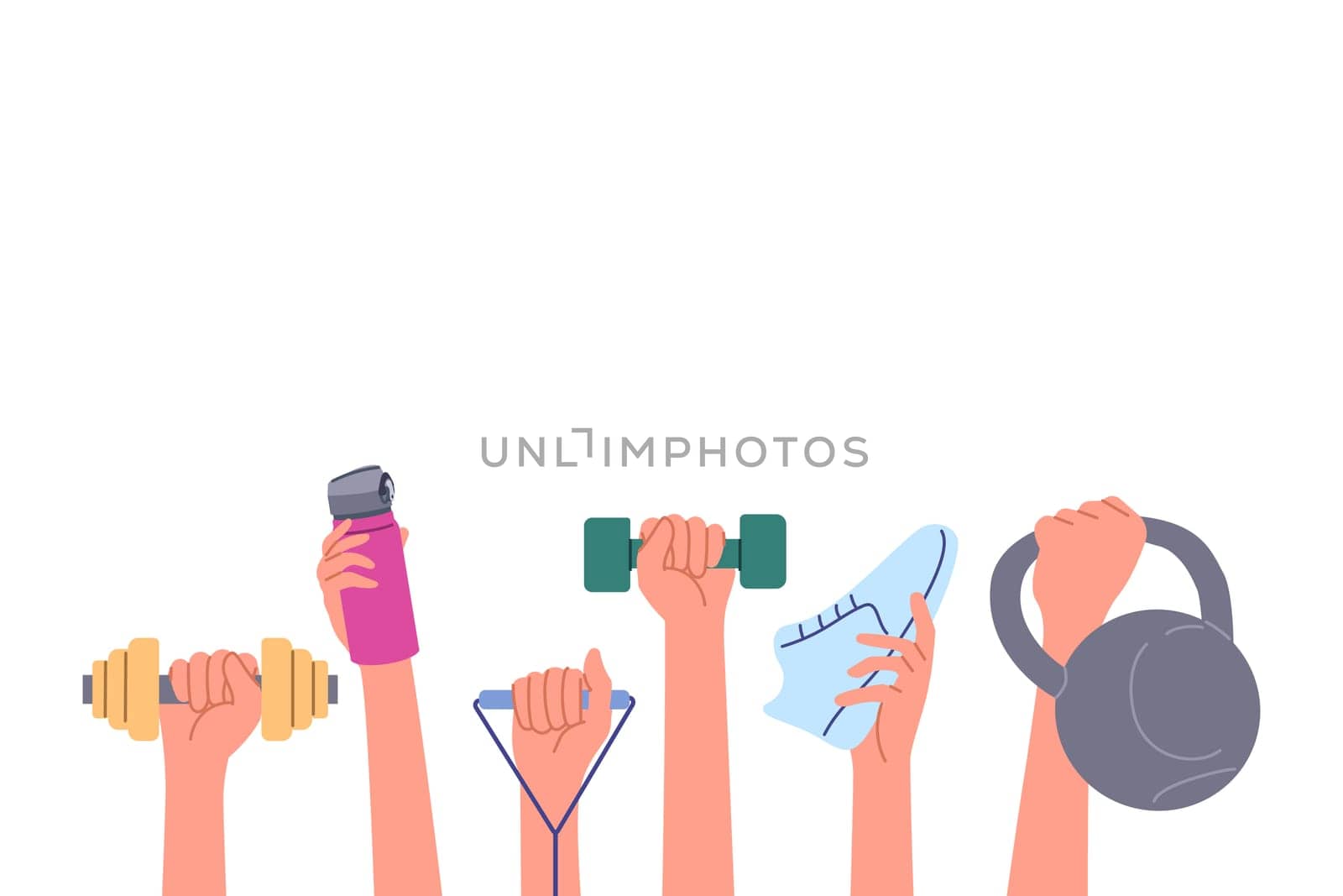 Sports equipment in hands of people lifting weights and dumbbells for fitness training, or holding bottle and sneakers for running. Sports items for physical education or athletics to improve health