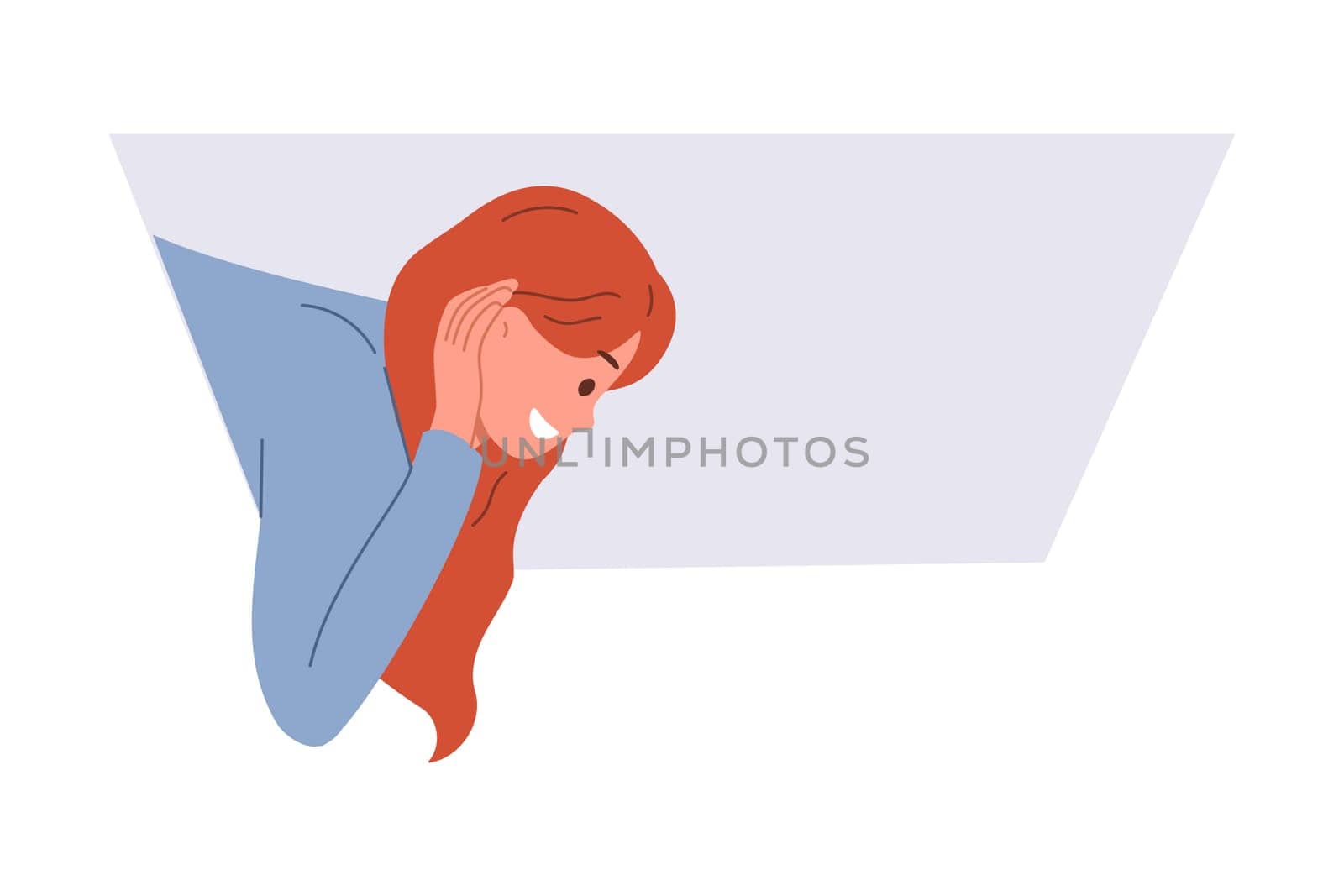 Curious woman overhears and tries to find out secret while hanging from hatch in ceiling. Curious girl with smile puts hand to ear to hear confidential information from colleagues or competitors