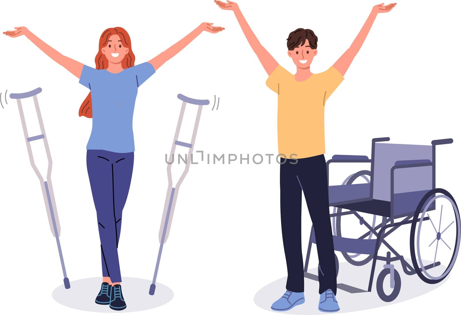 People with disabilities celebrate end of rehabilitation and recovery, stand near crutches and wheelchair. Man and woman with disabilities healed after receiving massage therapy or new medications