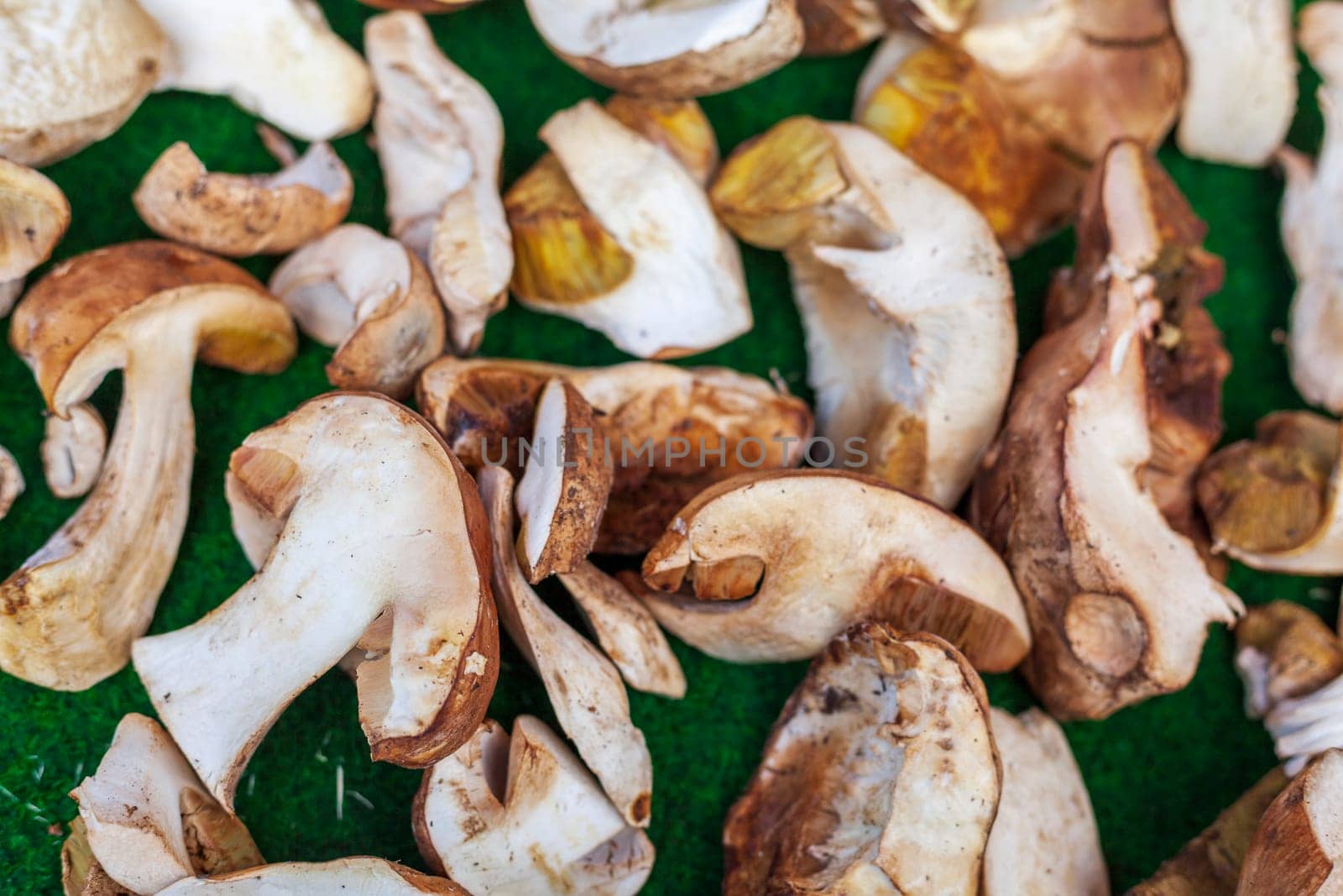 Porcini mushrooms (Boletus edulis) on a market stall, Germany