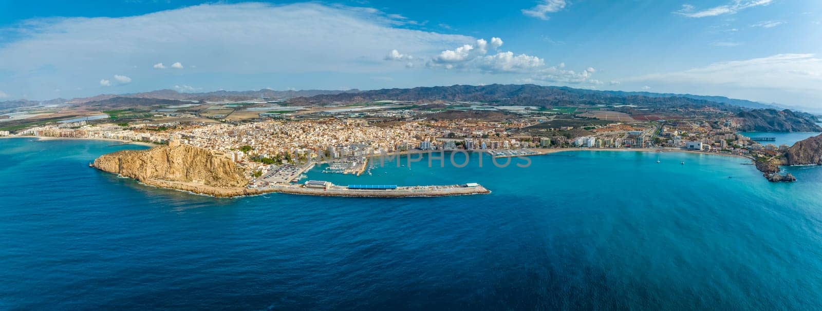 Great panoramic aerial view of the Mediterranean coastal city of Aguilas, province of Murcia. Spain