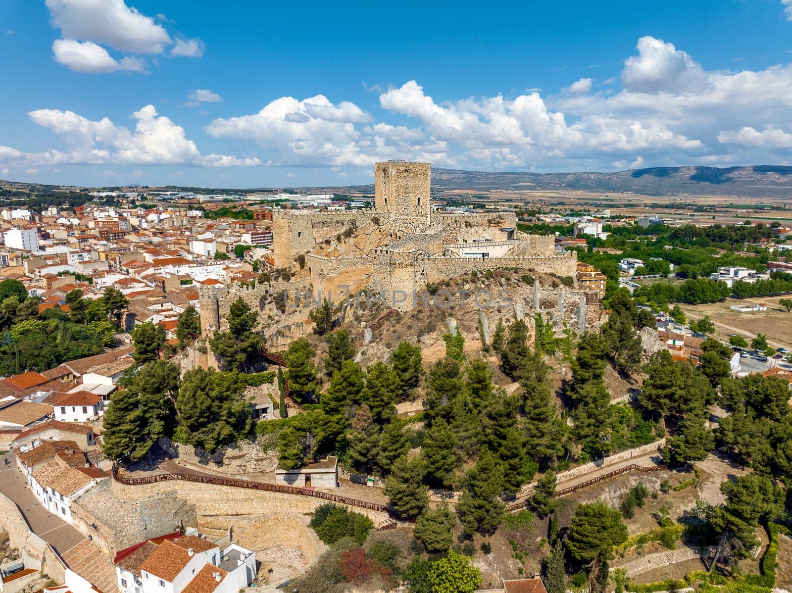 Panoramic aerial view of the city of Almansa in the province of Albacete Castilla la Mancha, Spain