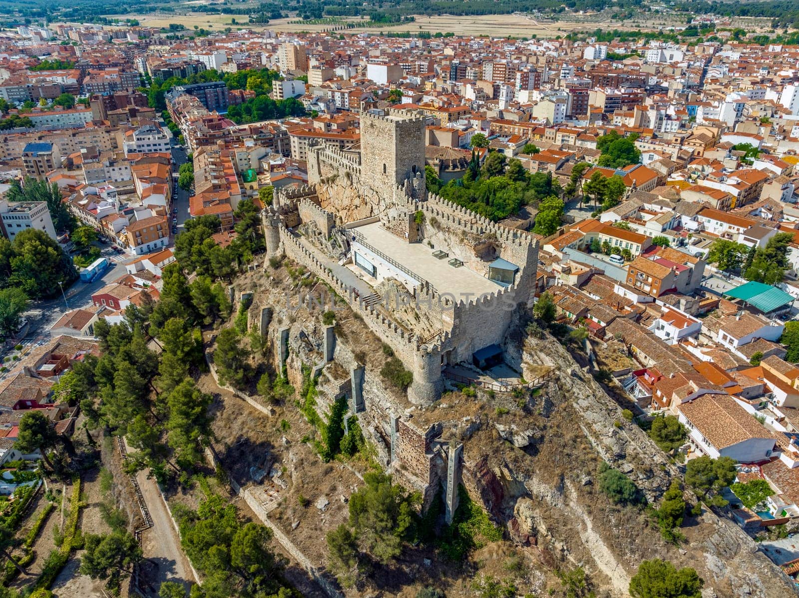 Castle of the city of Almansa in the province of Albacete Castilla la Mancha, Spain. Side aerial view