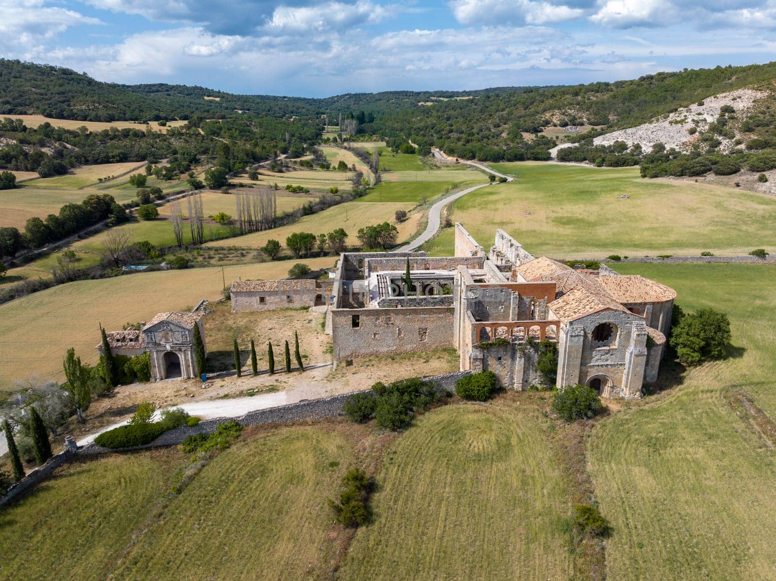 Aerial view Monsalud Cistercian Monastery, in Corcoles, was one of the most important medieval buildings in the territory of Guadalajara for centuries, Side view
