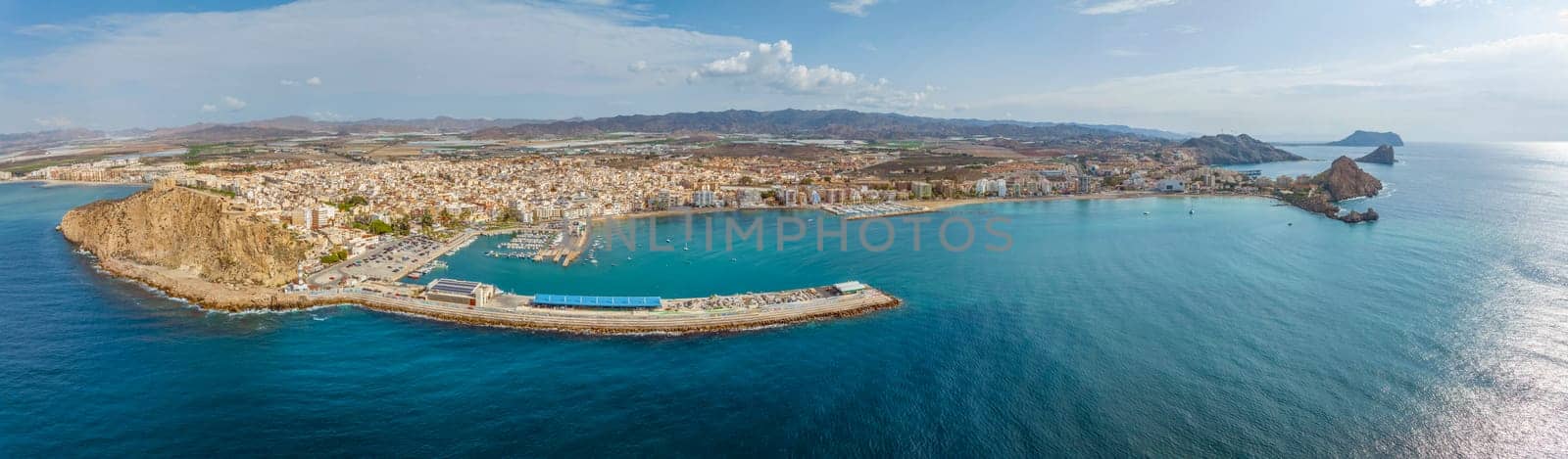 Panoramic aerial view of the Mediterranean coastal city of Aguilas, province of Murcia. Spain