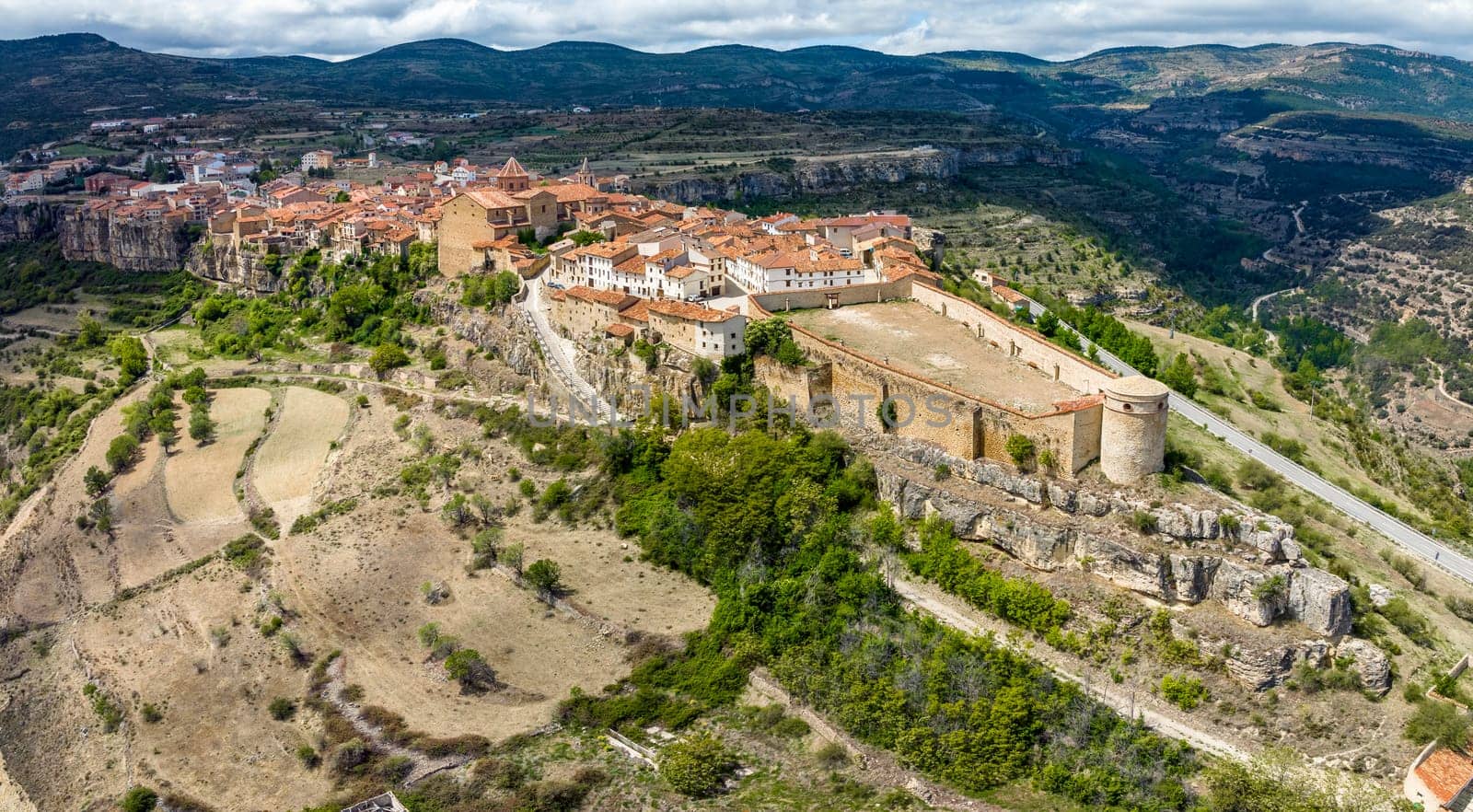 Spanish medieval town of Cantavieja front aerial view, Teruel. Beautiful Towns of Spain