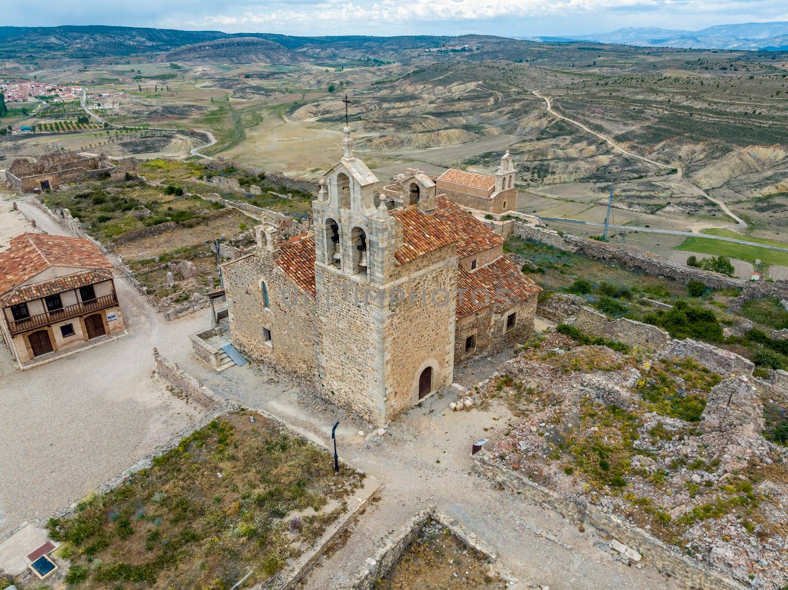Moya municipality of Spain belonging to the province of Cuenca, aerial view detail church of Santa Maria next to the Town Hall