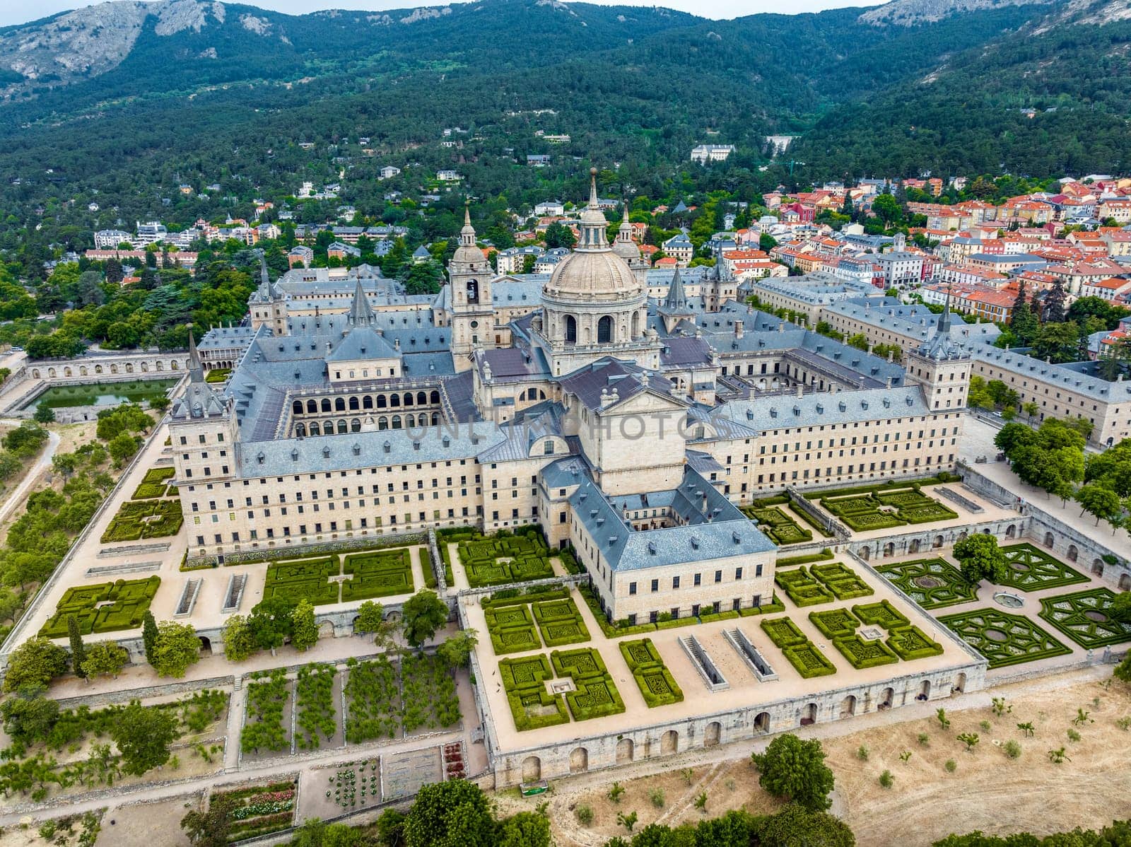 El Escorial, near Madrid, Spain. Panoramic aerial view of the Royal Monastery of San Lorenzo.