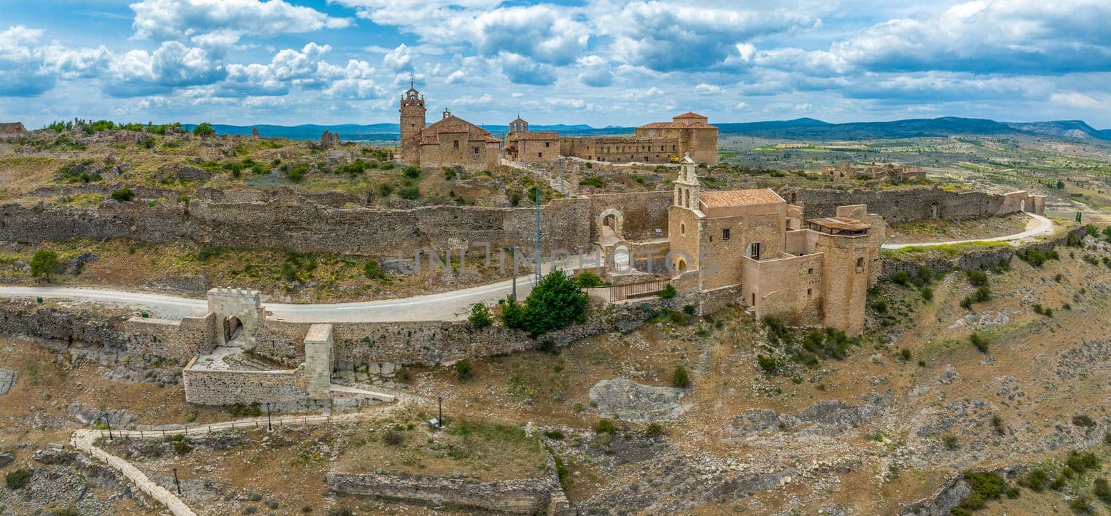 Moya municipality of Spain belonging to the province of Cuenca, Aerial view detail of the main door of the town.