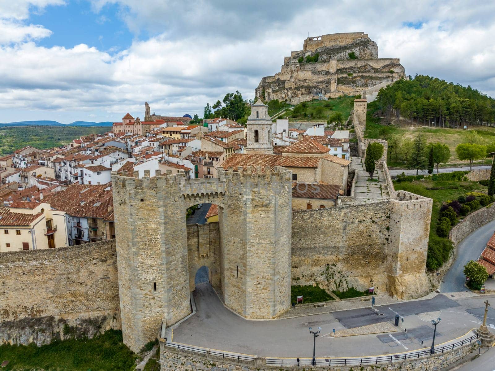 Morella in Castellon, aerial view of the towers of Sant Miquel, Spain