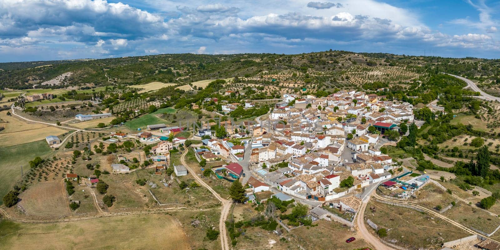 Panoramic aerial view of Monsalud, in Corcoles, province of Guadalajara in Spain, in the background left the monastery of Monsalud