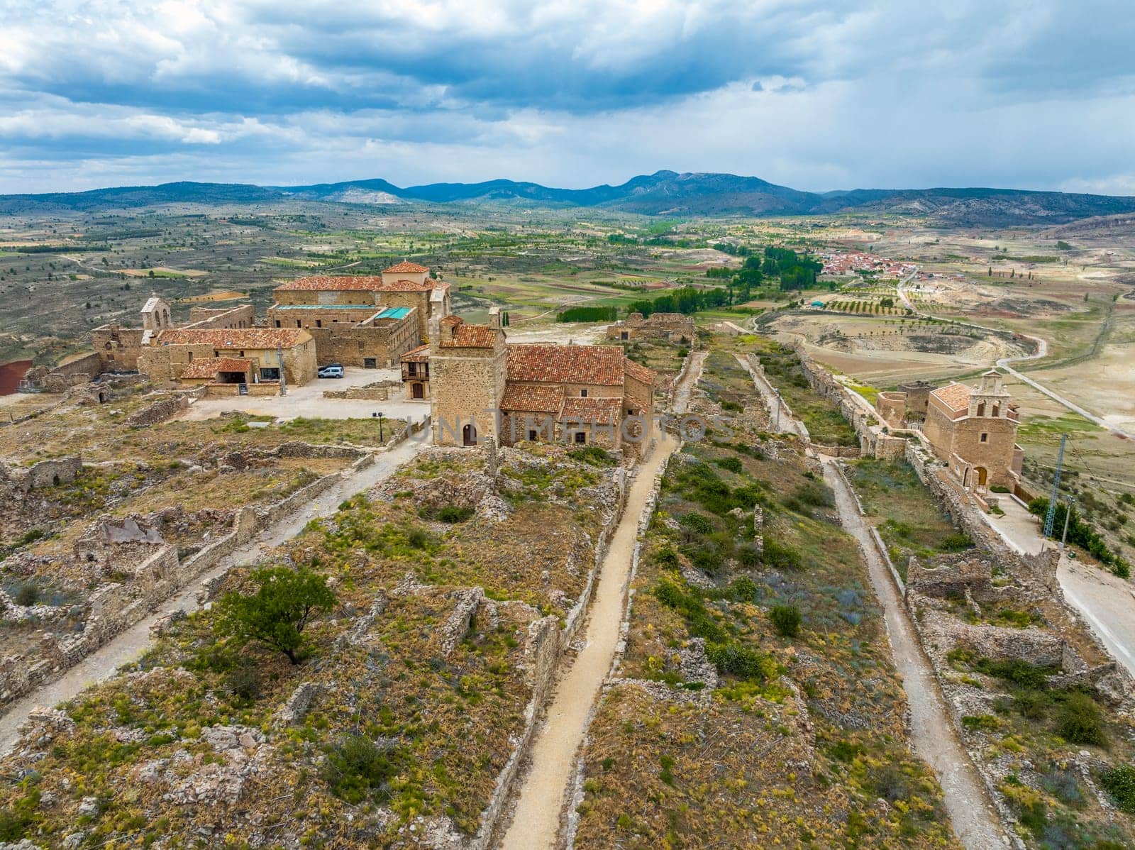 Moya municipality of Spain belonging to the province of Cuenca, Aerial view detail the churches of San Bartolome, Santa Maria and Trinidad.