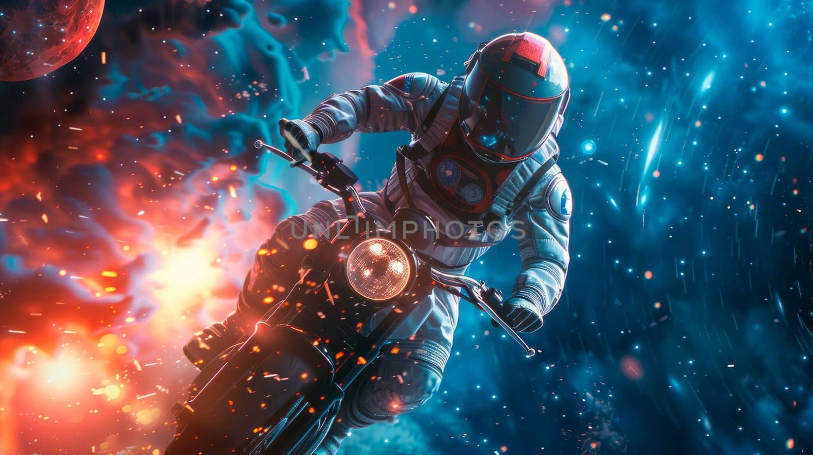 An astronaut on his motorcycle is flying in open space, with the background of galaxy, stars and planets.Concept for adventure and exploration. AI generated