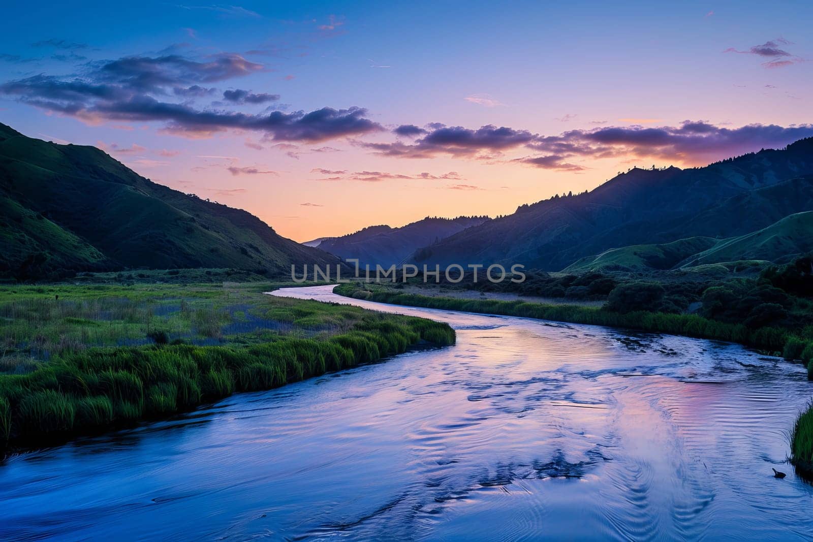 Serene river winding its way through a peaceful valley at twilight