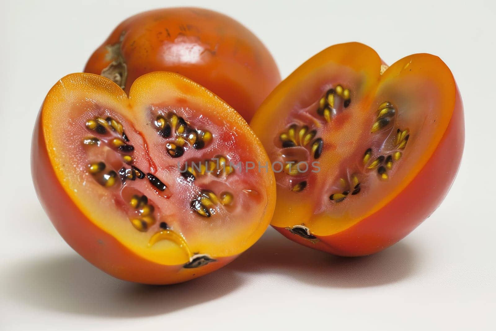 Tangy tamarillo with smooth, glossy skin and rich, reddish-orange color
