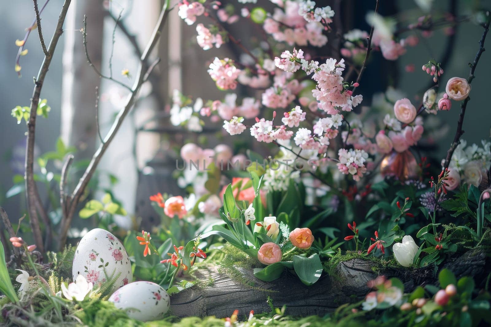 Springtime Easter scene with blooming flowers and fresh greenery