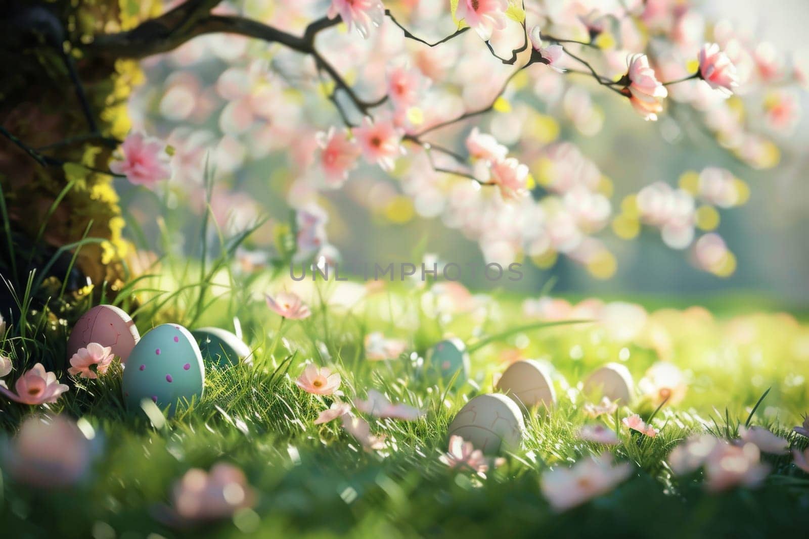 Springtime Easter scene with blooming flowers and budding trees
