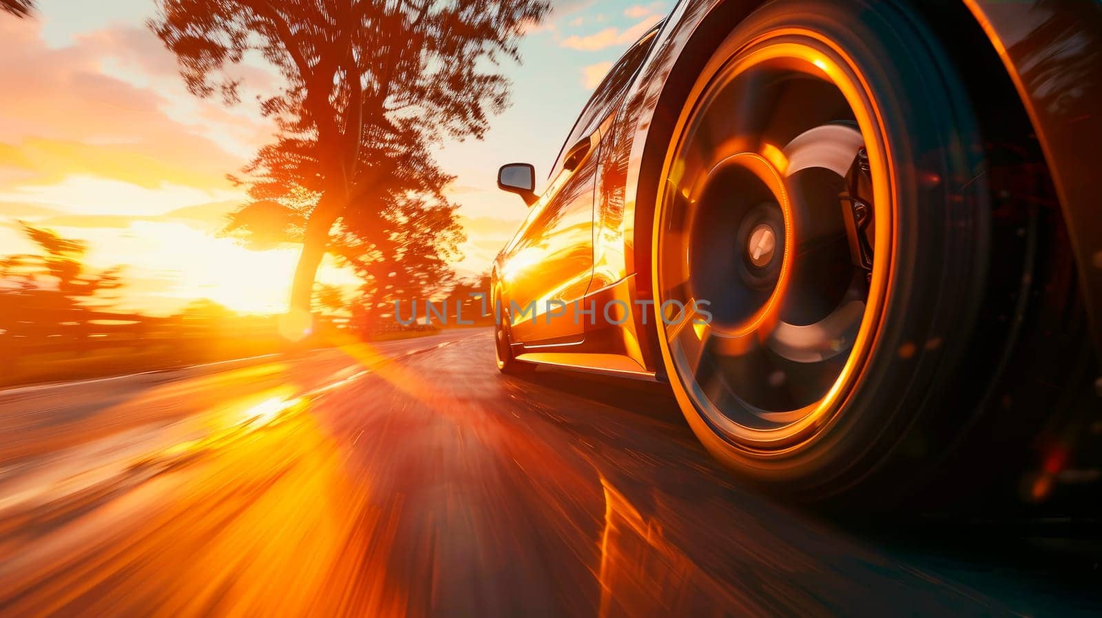 The car moves at fast speed at the sunset. Blured road with sunset light and car on high speed. AI generated
