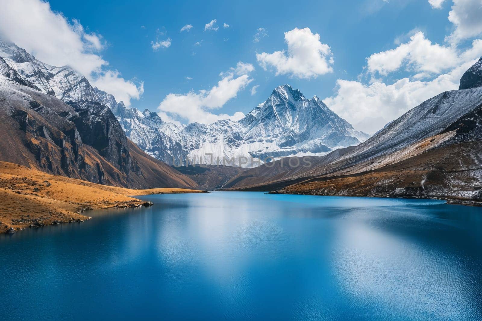 Tranquil blue lake surrounded by snow-capped mountains