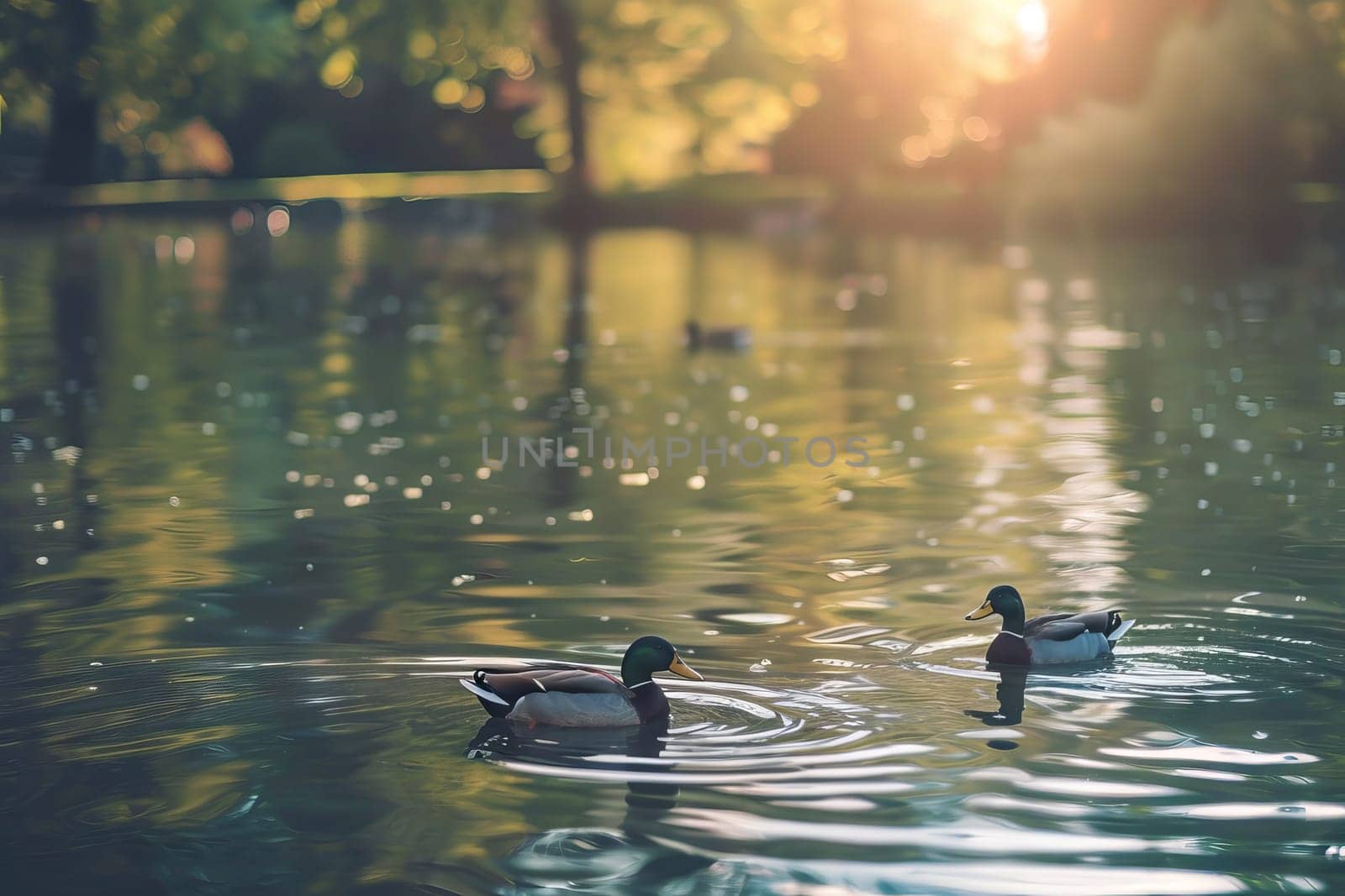 Tranquil pond with ducks swimming peacefully on the surface