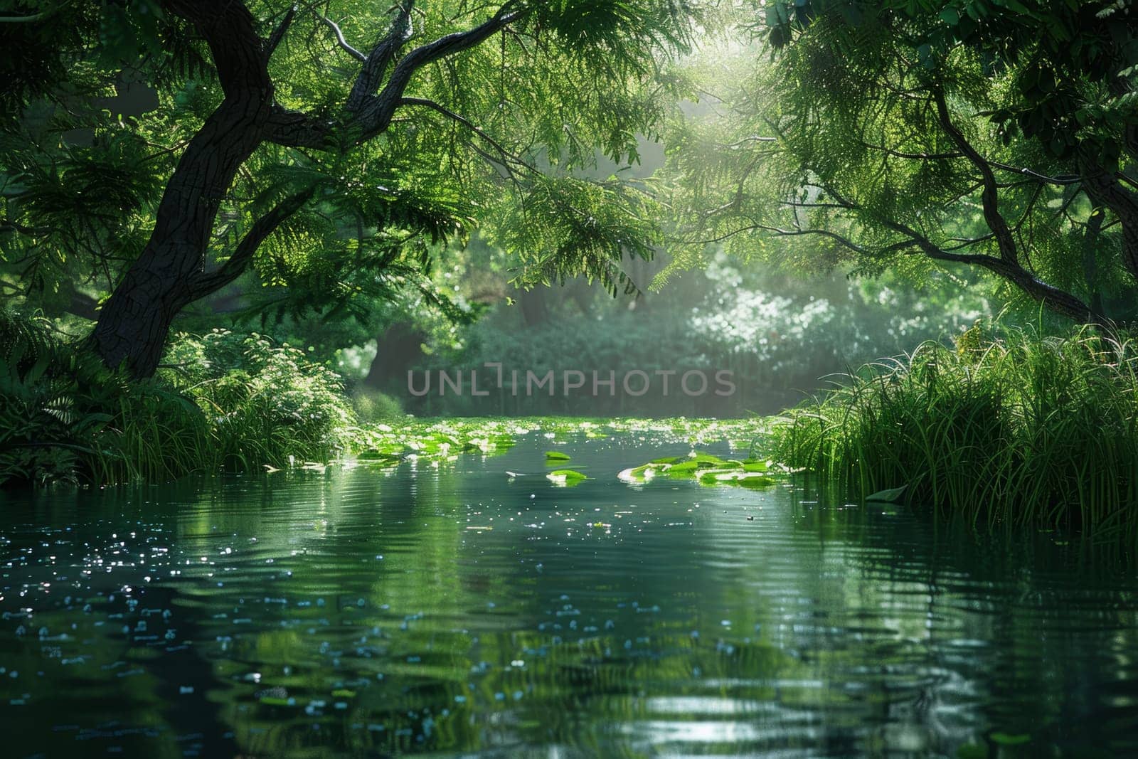 Tranquil scene of a peaceful lake surrounded by lush greenery, offering a moment of serenity