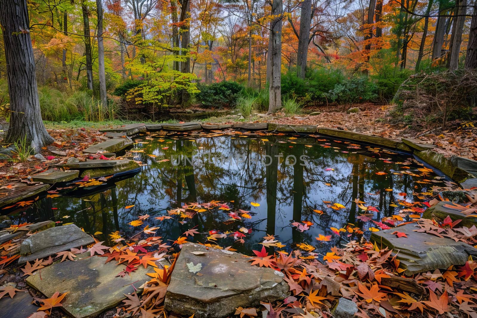 Tranquil pond surrounded by colorful autumn foliage and fallen leaves