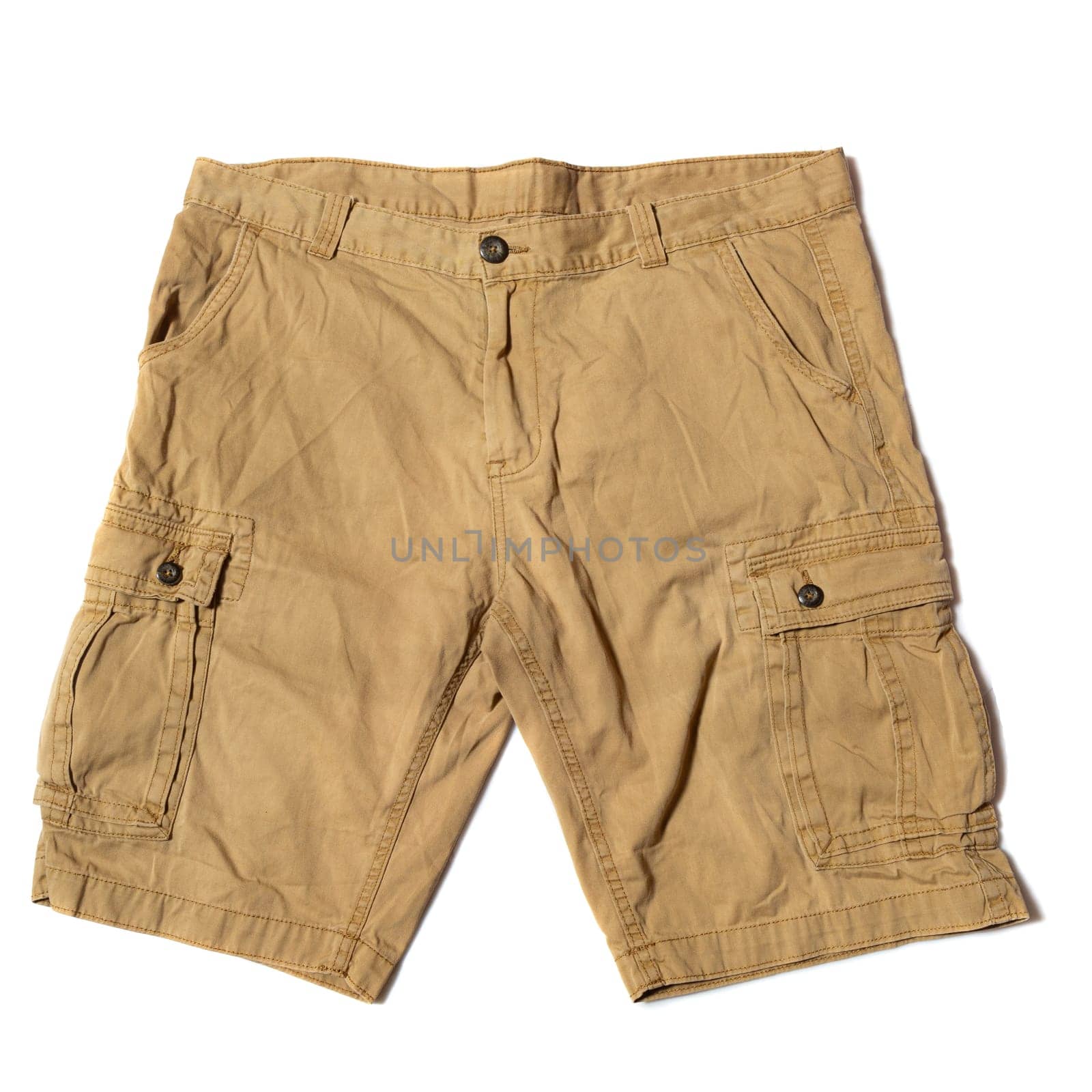 beige men's cargo shorts on a white background