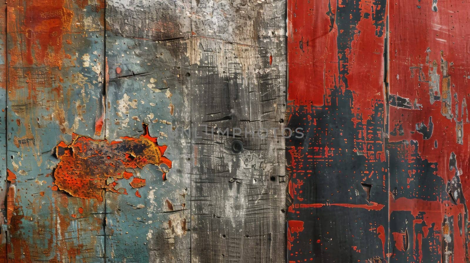 A wooden surface with a red, black, and white pattern