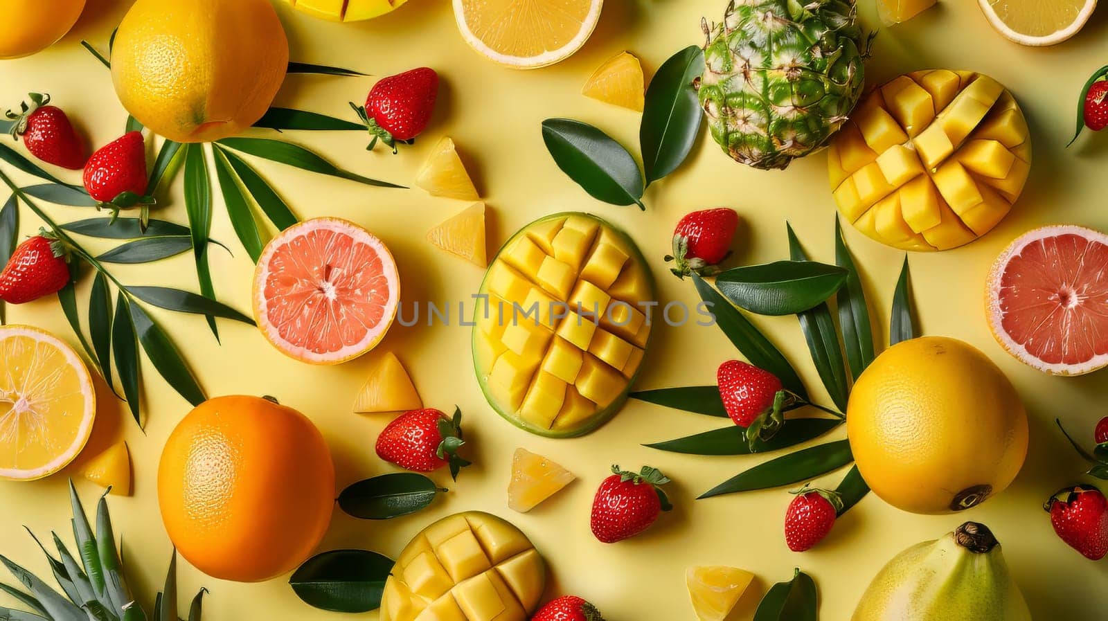 A colorful fruit salad with oranges, strawberries, and pineapple. Concept of freshness and abundance, as well as a healthy and vibrant lifestyle