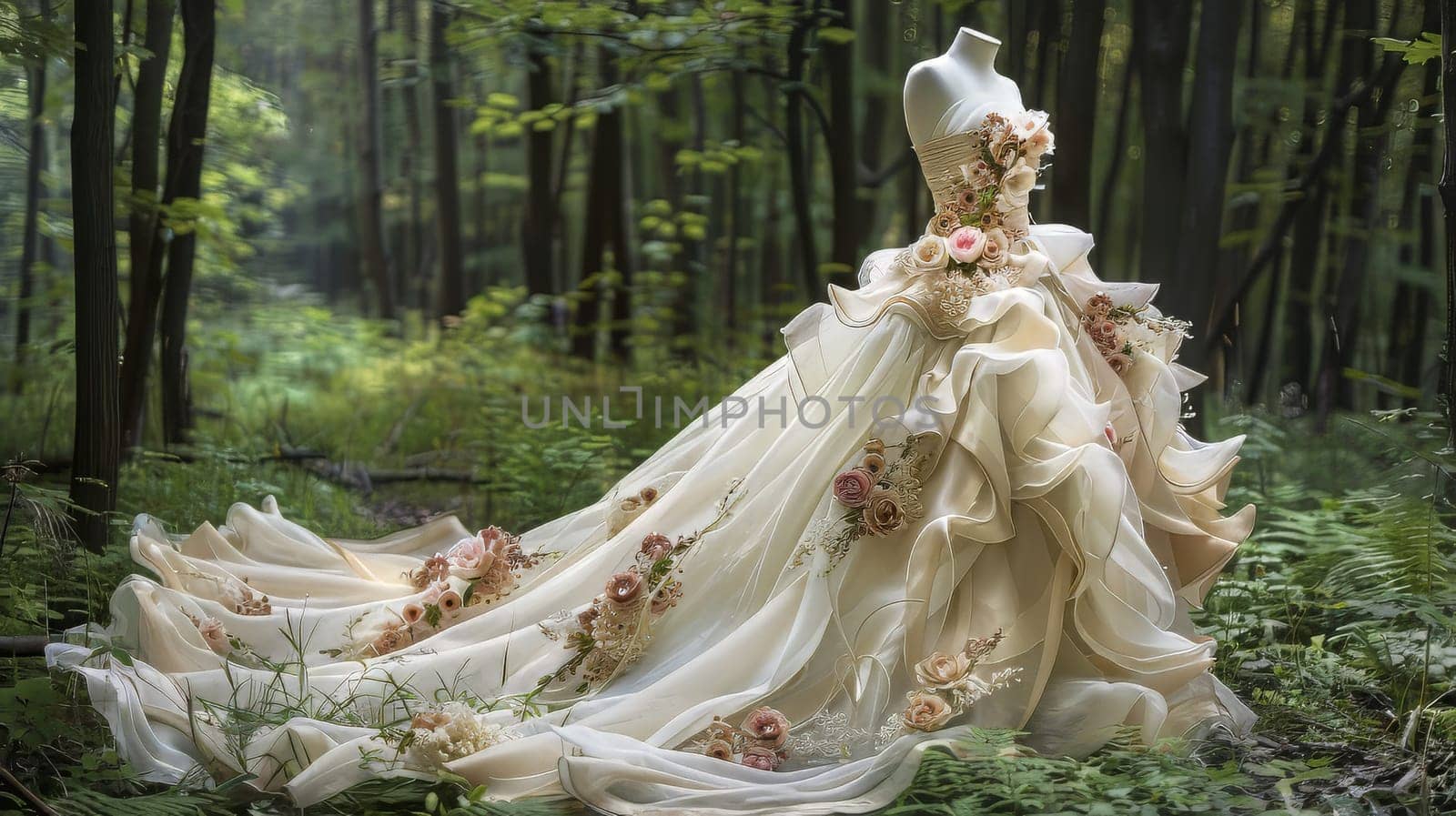 Whimsical woodland fairy wedding gown design pattern with flowing layers and floral embellishments