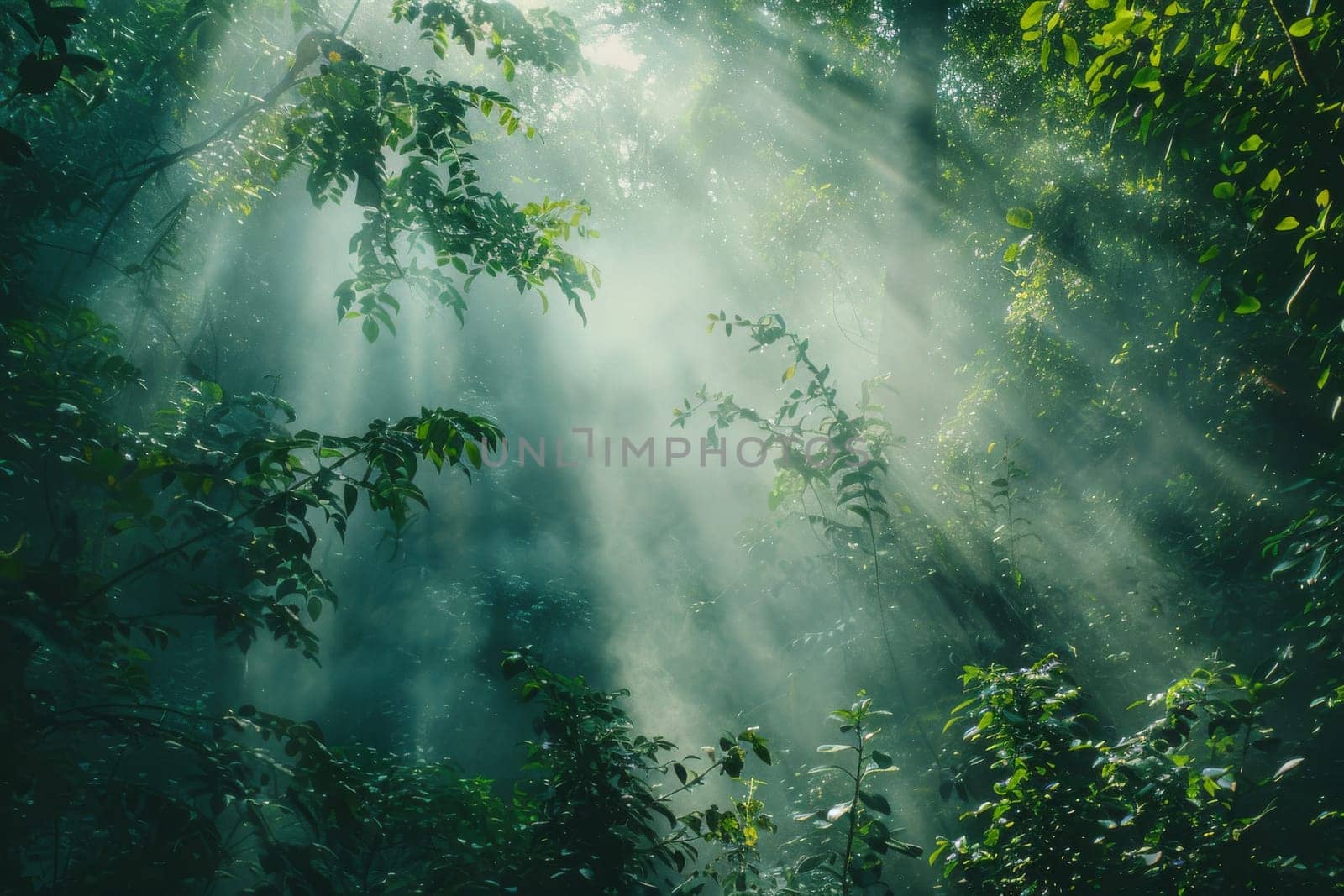 Wisps of fog in a dense forest