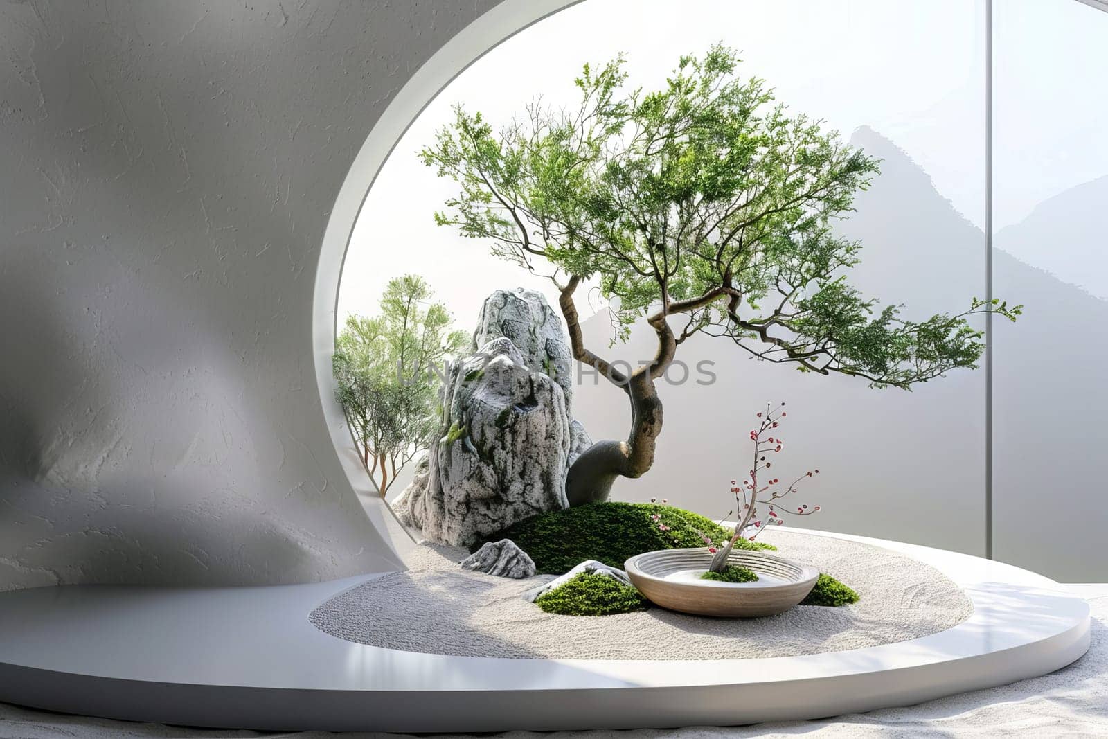 Zen bonsai garden on a soft transparent white surface, perfect for meditation-themed designs