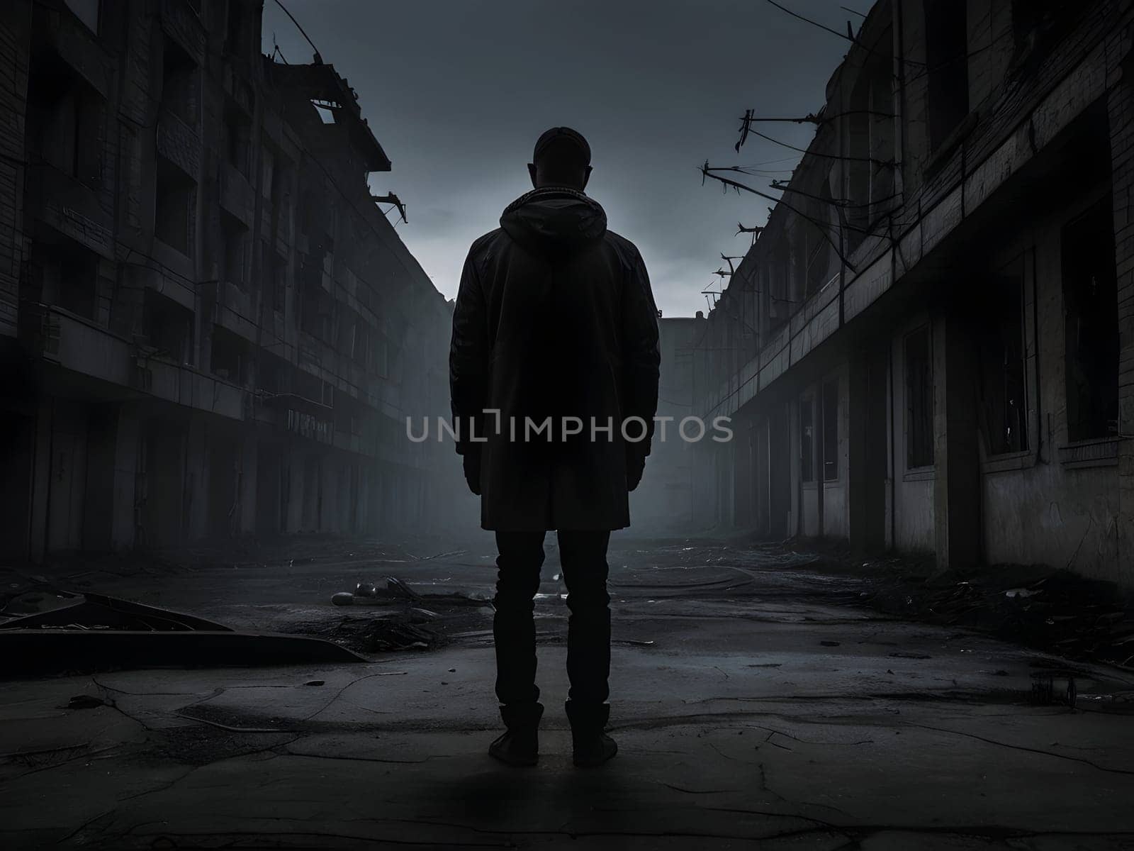 man in the dark abandoned city