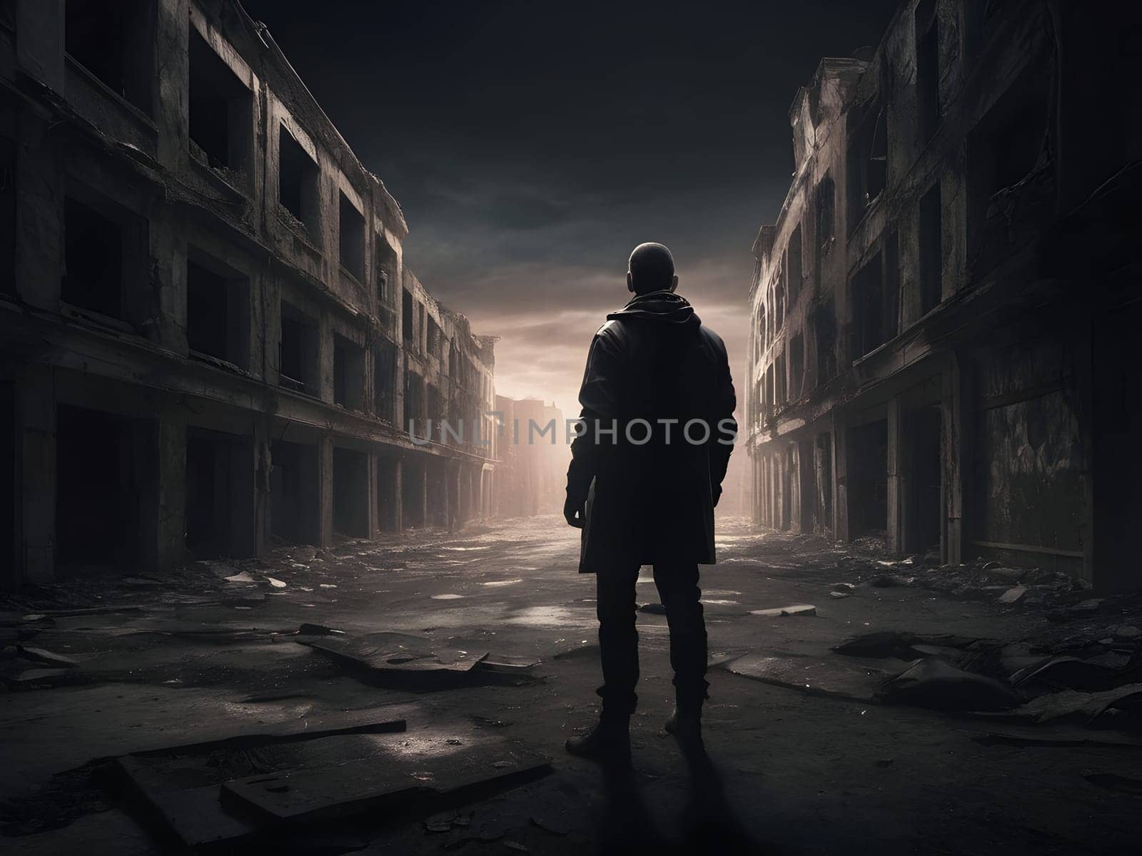 man in the dark abandoned city