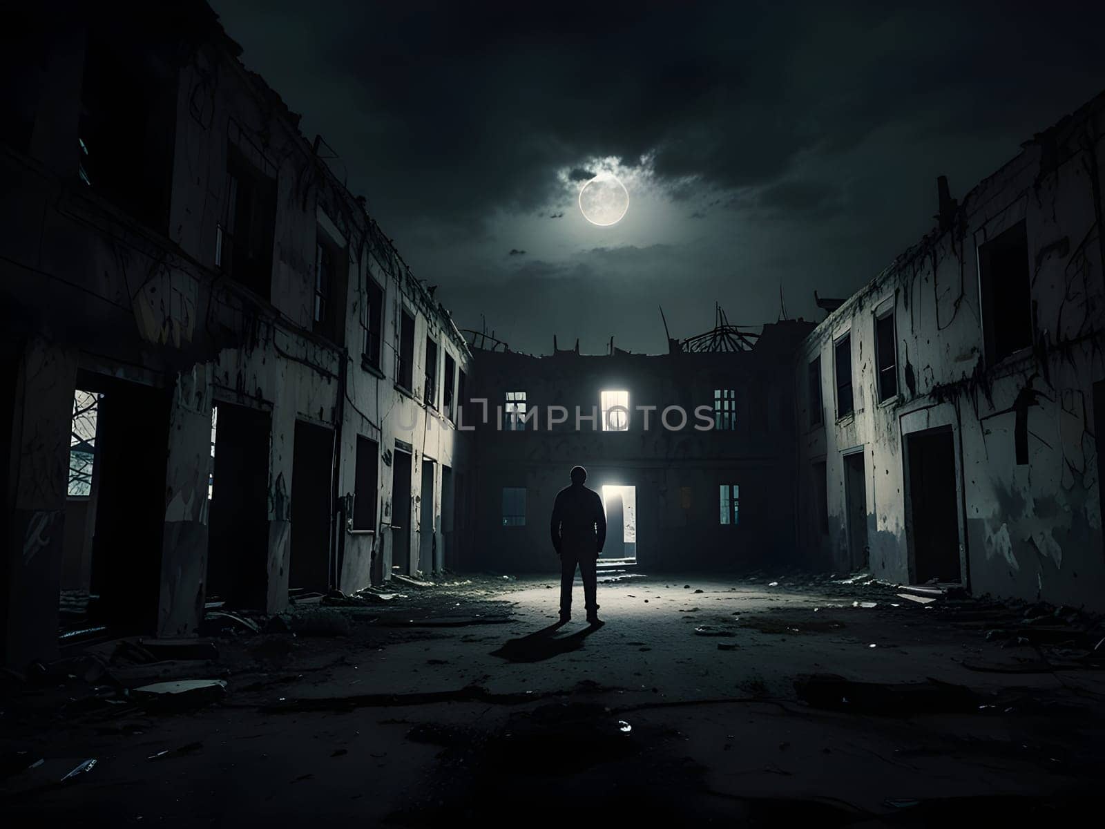man in the dark abandoned city