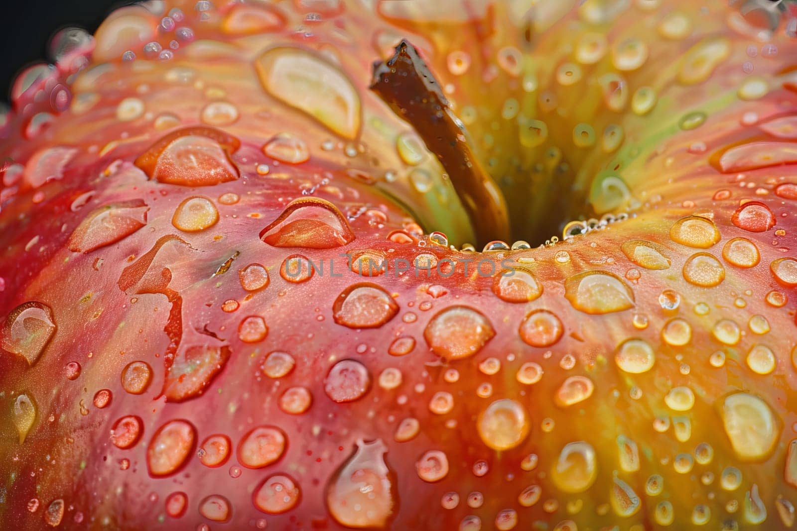 Clear water droplets on the surface of a freshly washed apple